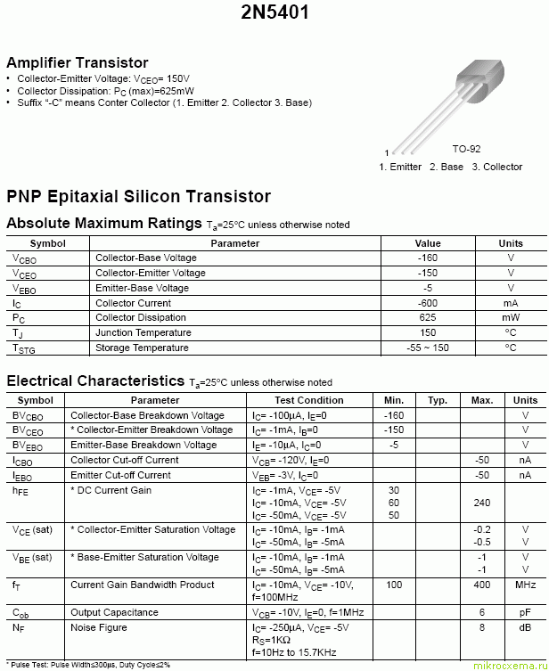 Характеристика и внешний вид биполярного транзистора 2N5401