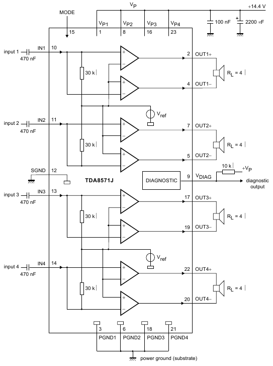 Принципиальная электрическая схема квадрофонического усилителя на TDA8571J